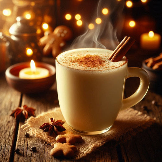 Alkoholfreier Eierpunsch in einer Tasse mit Zimt bestreut, serviert auf einem Holztisch mit Kerzen und Lebkuchen im Hintergrund – winterlicher Genuss für die ganze Familie