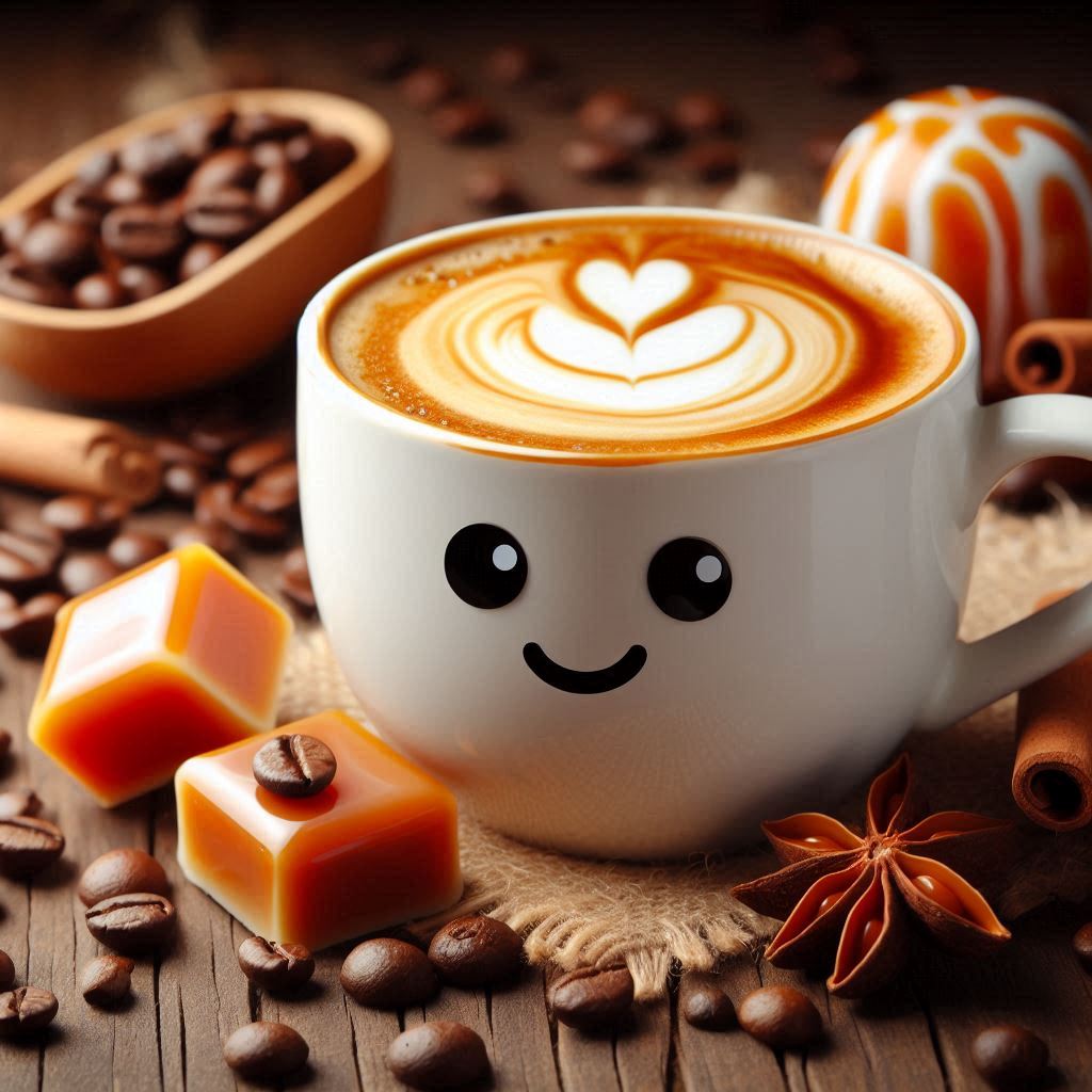 Kaffee mit Karamell Aroma Tasse Bohne gemahlen