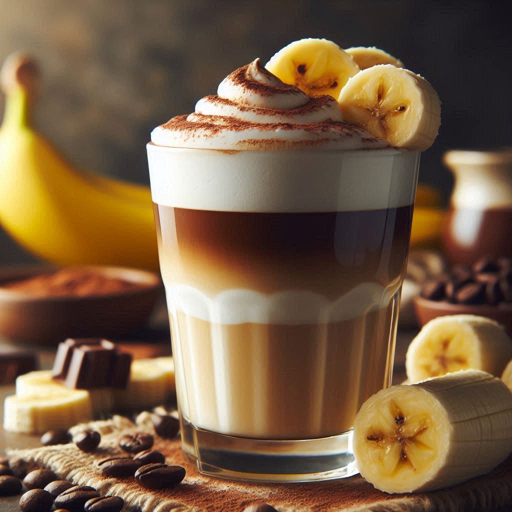 Bananen Kaffee Latte stehen, geschichtet mit kräftigem, dunklem Espresso, Bananen Eiskaffee heller Bananenmilch und einem feinen Milchschaum