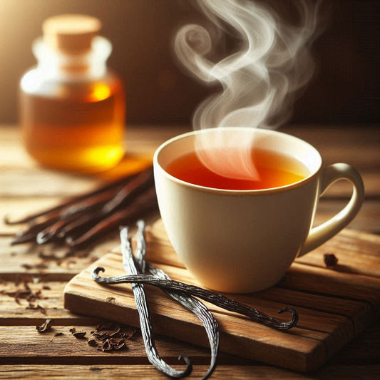 Becher goldener Rooibos Tee mit Vanille steht auf einem Holztisch einer Vanilleschote – perfekt für ein selbstgemachtes Erlebnis