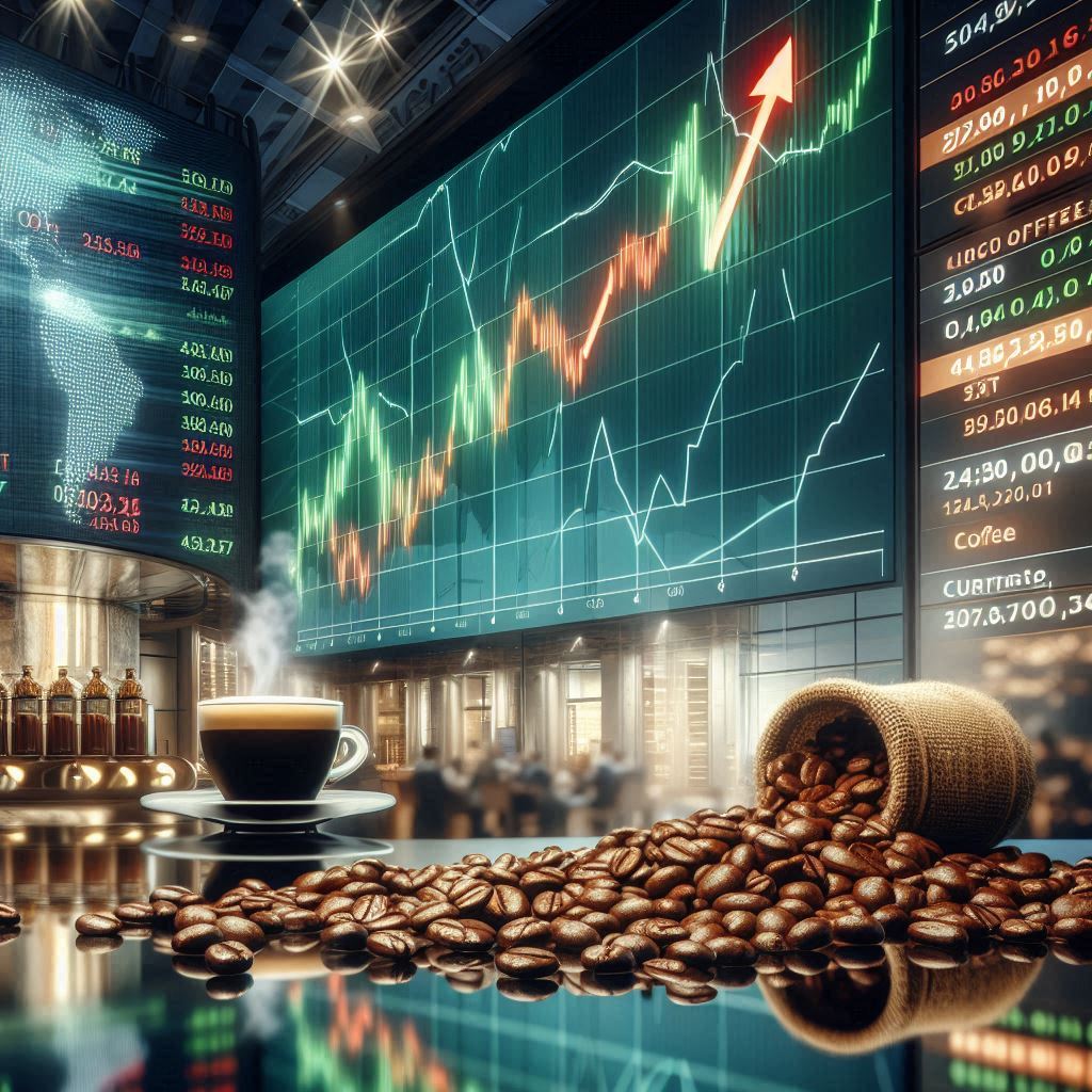 Börsenraum mit steigenden Kaffee-Futures auf Bildschirmen, roter Pfeil zeigt Preisanstieg, Kaffeebohnen im Vordergrund