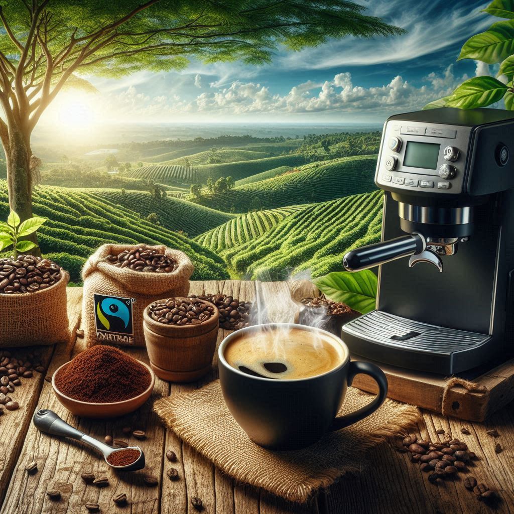 Dampfende Kaffeetasse mit Kaffeebohnen, Kaffeepflanze und Fairtrade-Jutesack auf einem Holztisch vor einer Kaffeeplantage – Symbol für Kaffeekonsum, -anbau und -handel