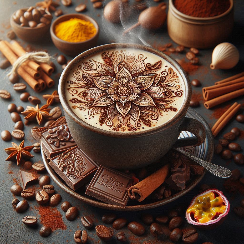 Dampfende Tasse Kaffee mit Zimt, Chili und Passionsfrucht, umgeben von Kaffeebohnensplittern und Schokolade