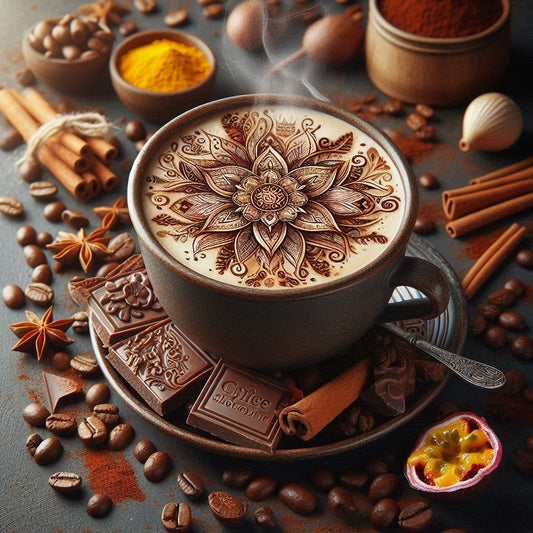 Dampfende Tasse Kaffee mit Zimt, Chili und Passionsfrucht, umgeben von Kaffeebohnensplittern und Schokolade