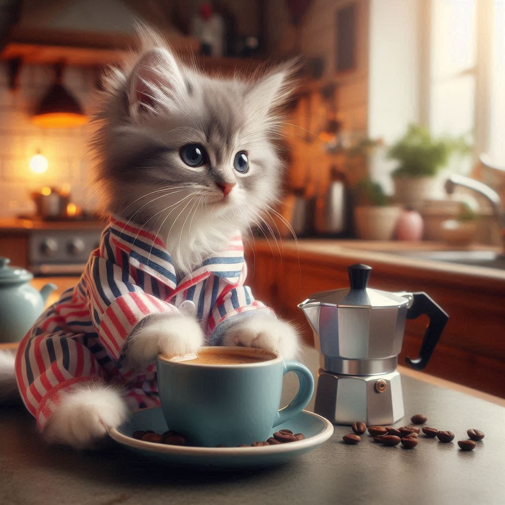 Der perfekte Kaffee Zubereitung, Dosierung und Geschmack guten Morgen und guten Tag Katze