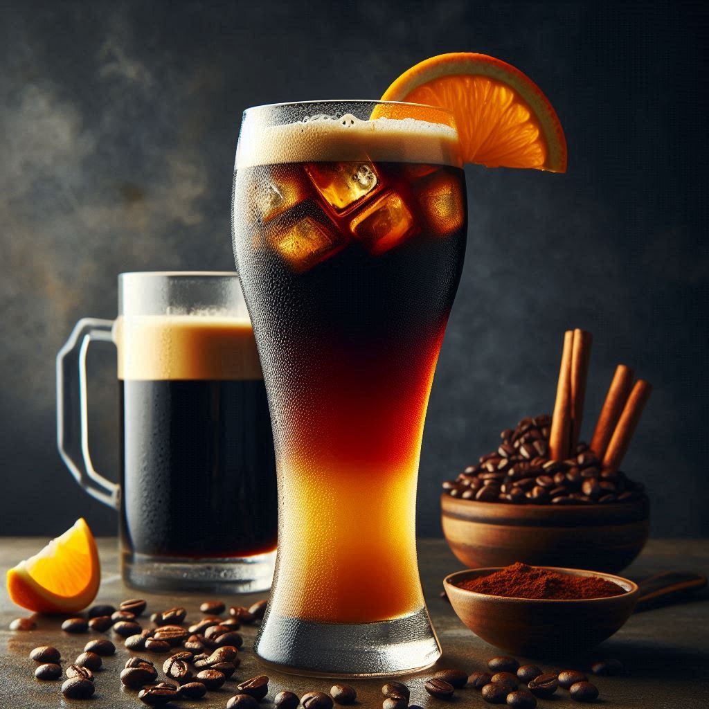 Ein hohes, transparentes Pilsglas mit einem Kaffeebier-Cocktail, gefüllt mit Eiswürfeln, einer goldenen Schicht von Gourmet-Mischung Kaffee und einer tiefbraunen Schicht Schwarzbier