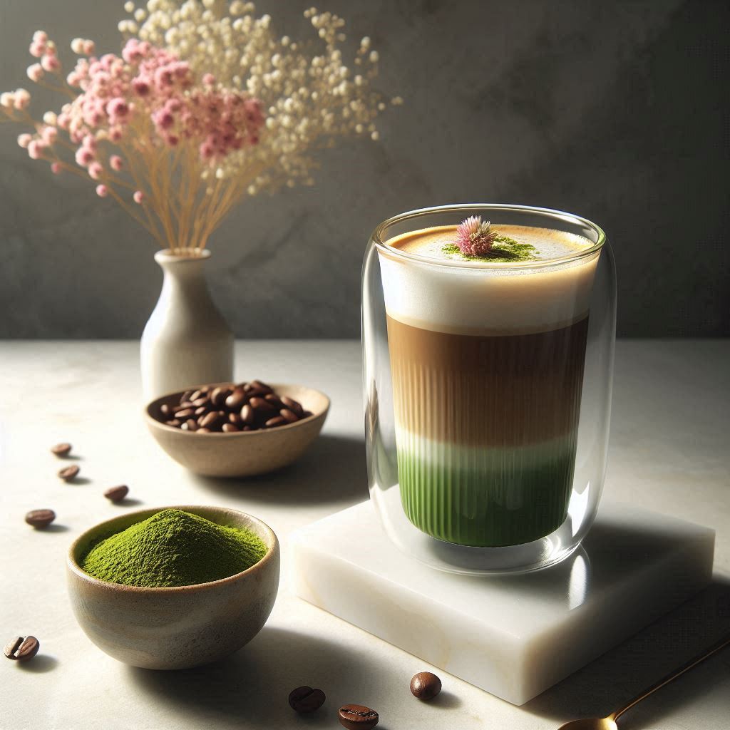 Ein transparentes Glas mit einer Matcha-Kaffee-Fusion, gefüllt mit einer leuchtend grünen Matcha-Schicht und einer goldbraunen Schicht von Aromatisierter Kaffee (z. B. Vanille), garniert mit cremigem Milchschaum und trockenen Blüten in Rosa und Weiß