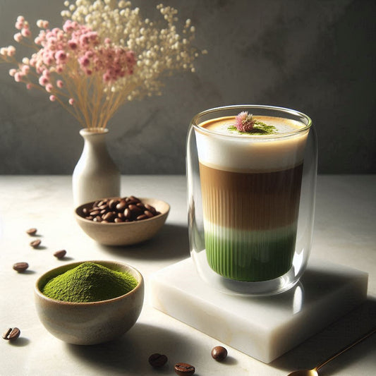 Ein transparentes Glas mit einer Matcha-Kaffee-Fusion, gefüllt mit einer leuchtend grünen Matcha-Schicht und einer goldbraunen Schicht von Aromatisierter Kaffee (z. B. Vanille), garniert mit cremigem Milchschaum und trockenen Blüten in Rosa und Weiß