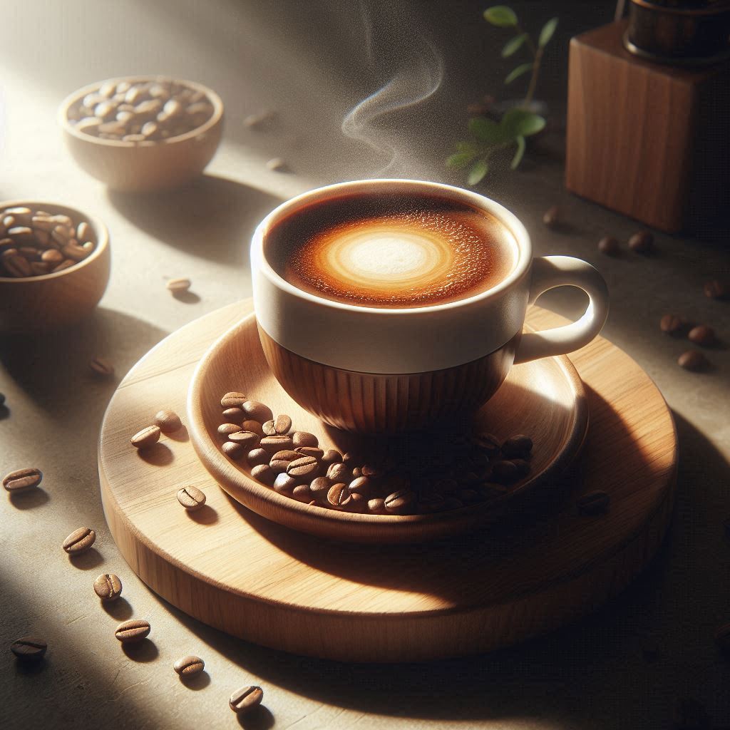 Frisch zubereiteter Kaffee mit Crema-Oberfläche, umgeben von Kaffeebohnen und serviert auf einem Holzuntersetzer