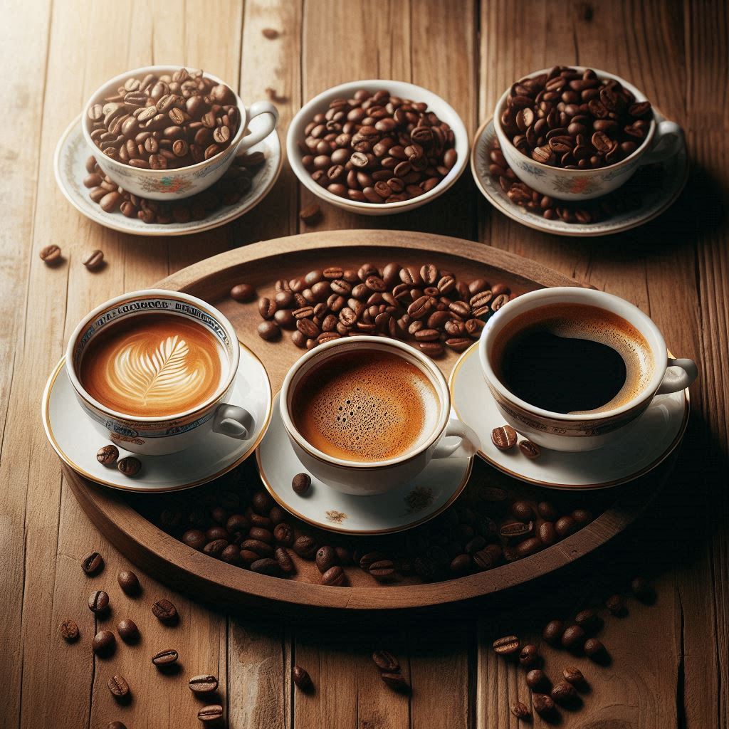 Eine ansprechende Szene auf einem rustikalen Holztisch Drei Tassen Kaffee zeigen die verschiedenen Röstgrade