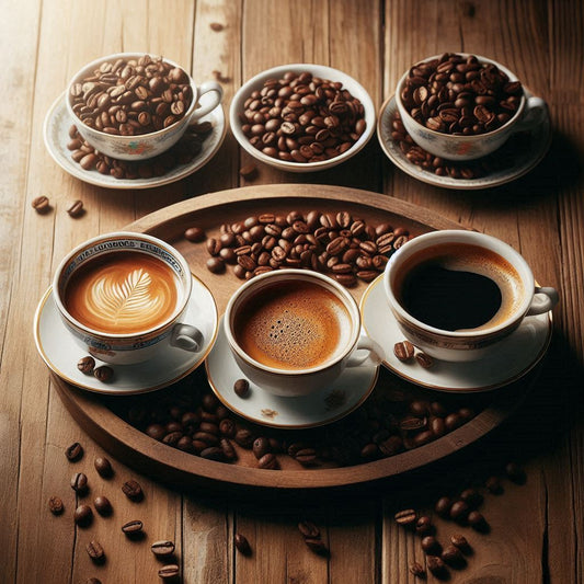 Eine ansprechende Szene auf einem rustikalen Holztisch Drei Tassen Kaffee zeigen die verschiedenen Röstgrade