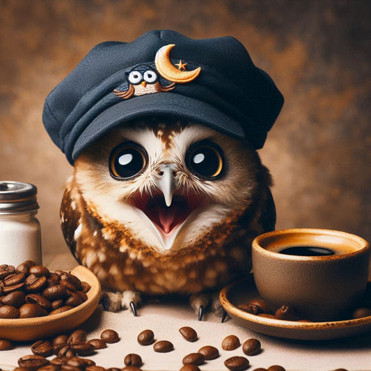 Eine lachende Eule mit einer Nachtschicht-Mütze mit kaffeetasse guten morgen