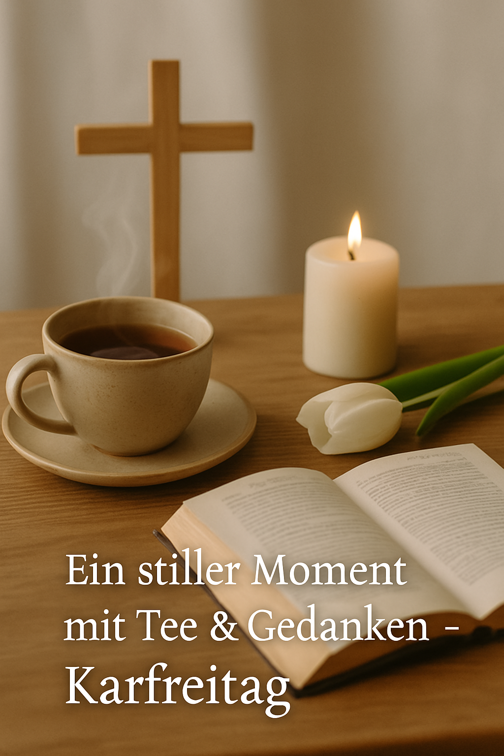 Eine ruhige, stimmungsvolle Karfreitag-Szene mit einer dampfenden Tasse Tee, einem Buch, einer Kerze und einem schlichten Holzkreuz