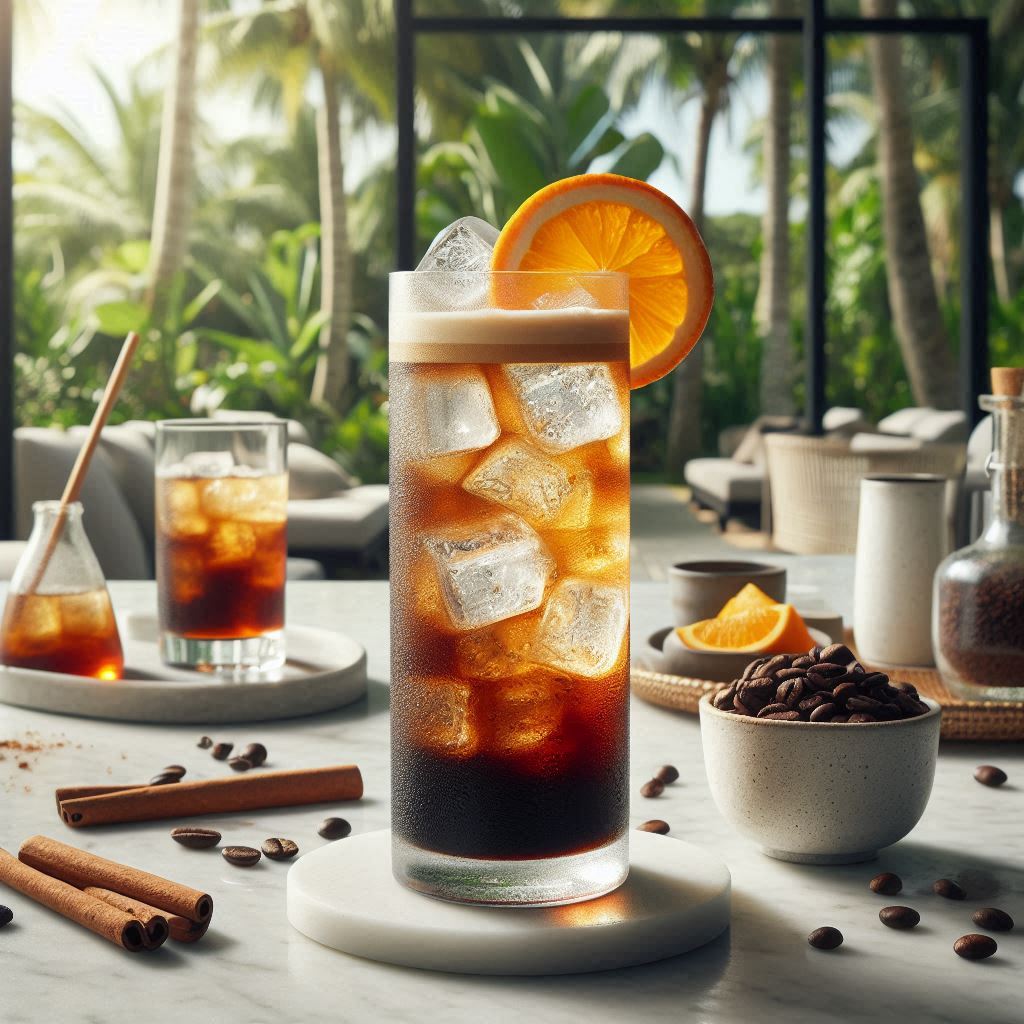 Espresso-Tonic, gefüllt mit Eiswürfeln, einer goldbraunen Schicht von Espresso Karibik von TeeBohne Einbeck und spritzigem Tonic Water, garniert mit einer frischen Orangenscheibe und einem Hauch Zimt