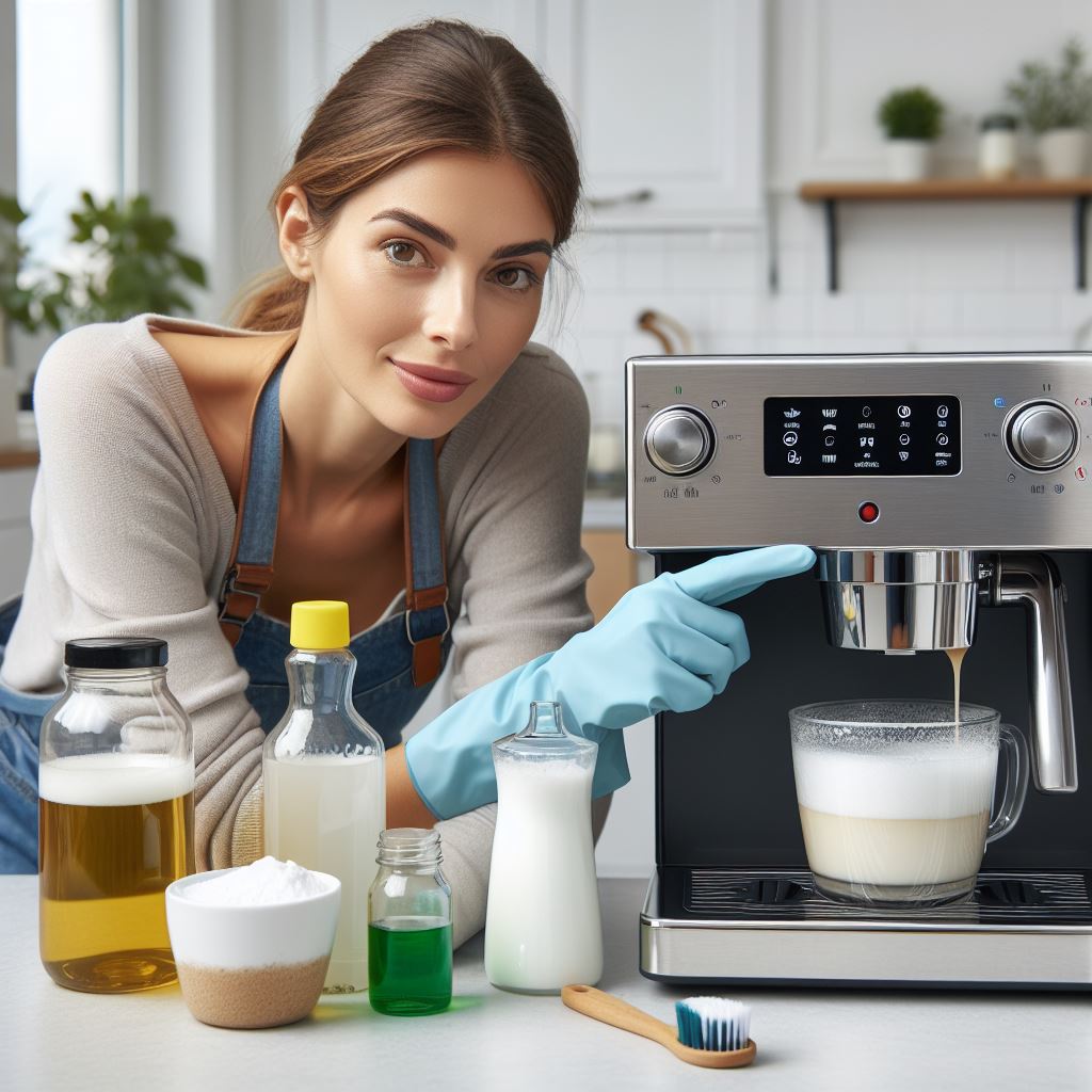 Frau reinigt Kaffeevollautomat mit bewährten Hausmitteln befassen, die effektiv bei der Reinigung und Entkalkung von Kaffeevollautomaten eingesetzt werden können. Von Essig über Zitronensäure bis hin zu Backpulver
