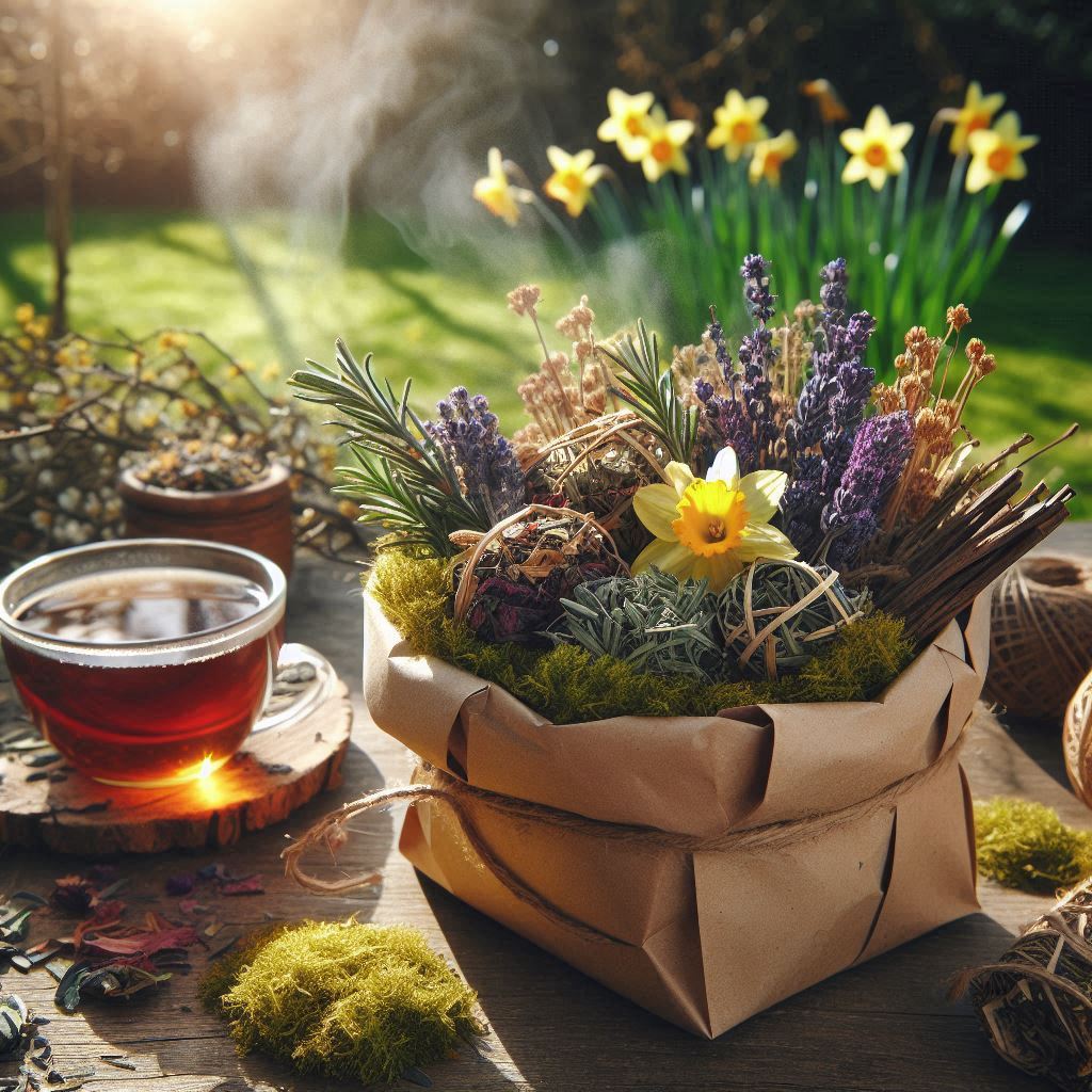 Frühlingsgrüße Ein kleines Päckchen aus recyceltem Papier, gefüllt mit getrockneten Kräutern wie Lavendel und Rosmarin Tulpen und Narzissen, verziert , umgeben von frischen Zweigen und Moos