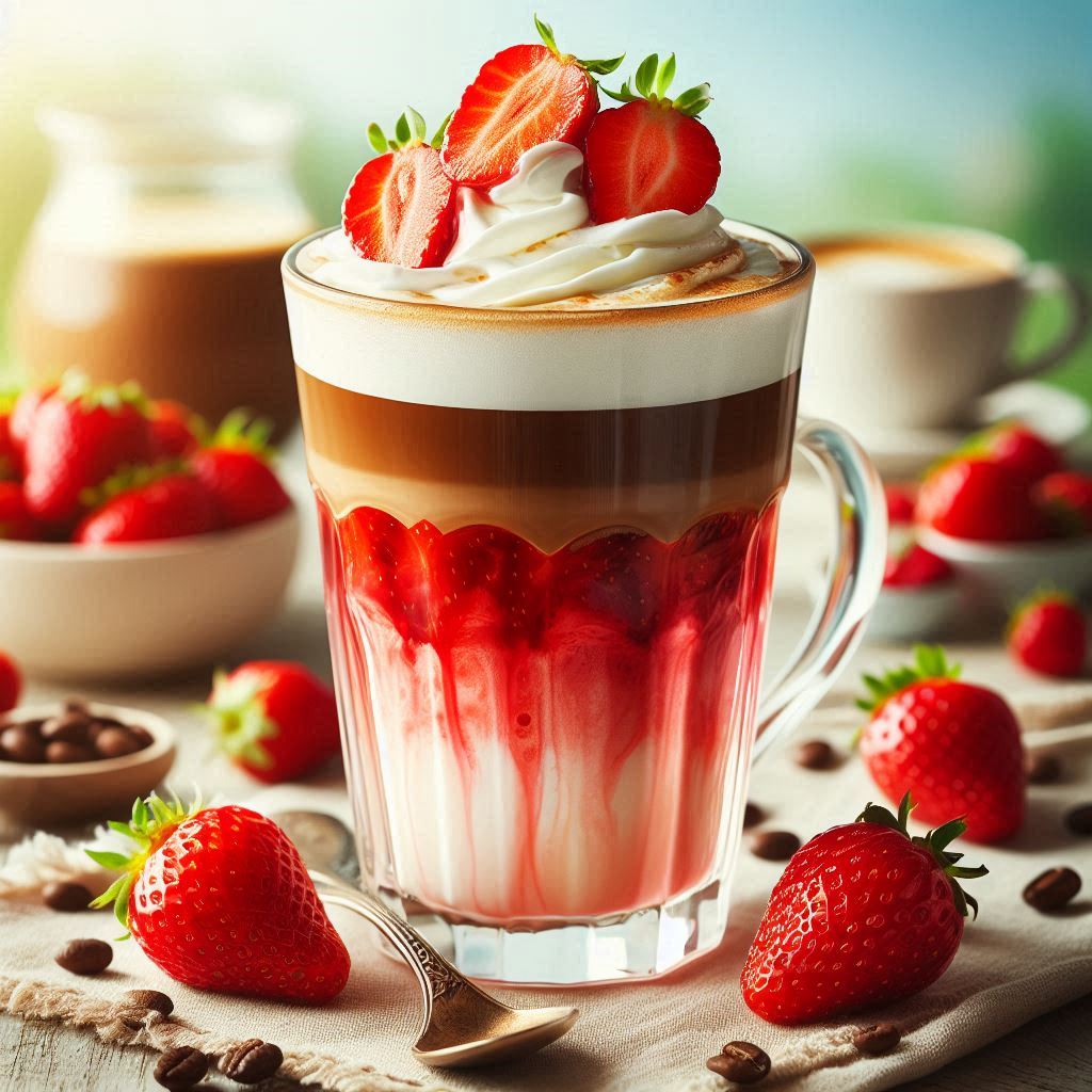 Glas Erdbeer Kaffee Latte zeigen, geschichtet mit kräftigem Espresso, cremigem Milchschaum und leuchtend rotem Erdbeerpüree