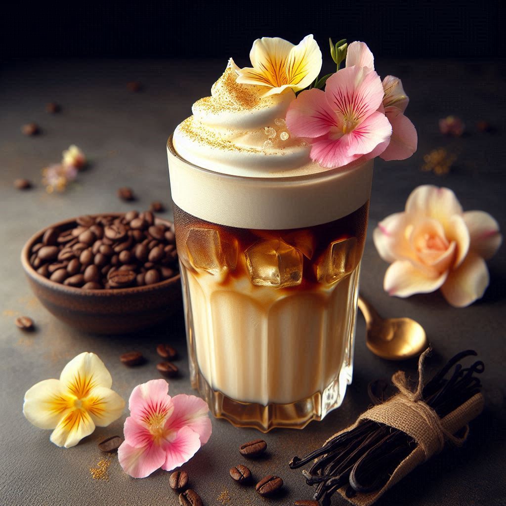 Glas mit einem Vanille-Cold-Foam-Kaffee, gefüllt mit Eiswürfeln, einer goldenen Schicht von Aromakaffee Vanille und einem dicken, schaumigen Vanille-Cold-Foam-Topping