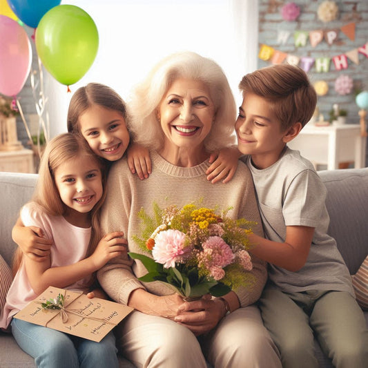 Glückwunsch zum Geburtstag Eine glückliche Oma sitzt auf einem gemütlichen Sofa, umgeben von ihren Enkeln, die ihr eine Geburtstagskarte und einen Blumenstrauß überreichen