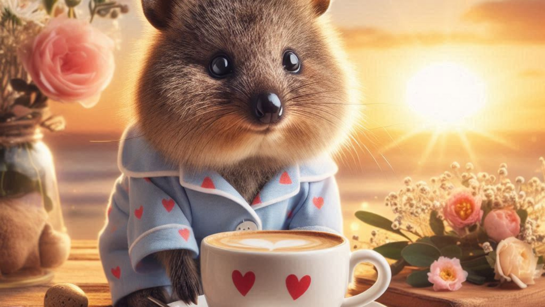 Quokka im Schlafanzug Tasse Kaffee auf Holztisch mit Sonnenaufgang, Blumen, Herzen Guten-Morgen-Karte und Quokka im Schlafanzug