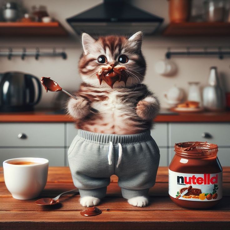 Lustige Guten-Morgen-Sprüche mit Kaffee & Nutella Katze lustig