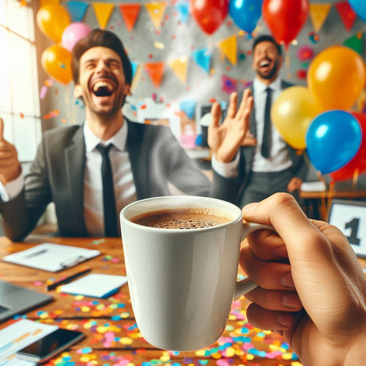 Lustiges Bild zum 10-jährigen Firmenjubiläum Kollege Kollegin mit Kaffee von TeeBohne