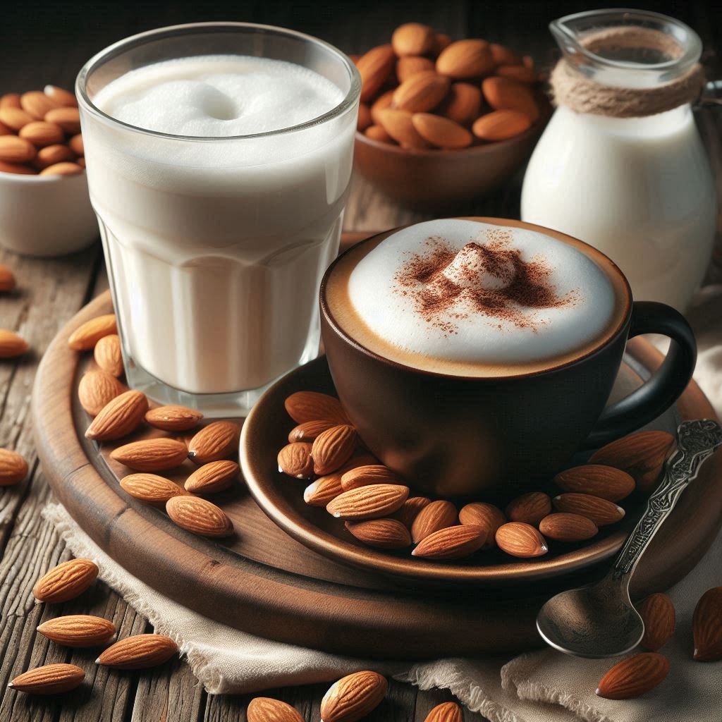Mandelmilch neben einer Tasse Cappuccino mit cremigem Milchschaum