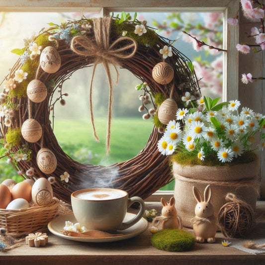 Osterdeko Osterkranz aus Weiden, Ostereier, Moos und TeeBohne Kaffee, sonniger Frühling