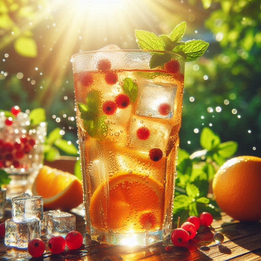 Selbstgemachter Eistee in einem Glas mit Eiswürfeln, Minze und Zitronenscheiben auf einem Gartentisch, umgeben von Sonnenlicht und frischen Früchten – der perfekte Sommerdrink