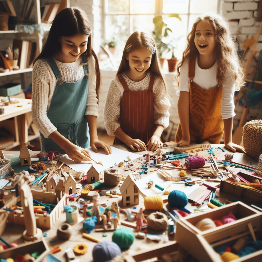 Ein inspirierendes Bild aus dem Buch, das Mädchen in einem interaktiven Workshop zeigt, während sie spielerisch kreative Fähigkeiten entwickeln, umgeben von leuchtenden Farben und Materialien,
