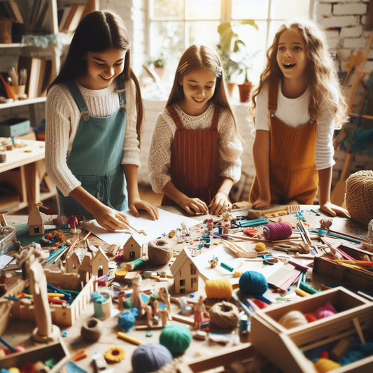 Ein inspirierendes Bild aus dem Buch, das Mädchen in einem interaktiven Workshop zeigt, während sie spielerisch kreative Fähigkeiten entwickeln, umgeben von leuchtenden Farben und Materialien,