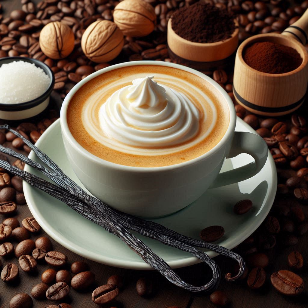 Tasse Aromakaffee Vanille mit süßem Vanillearoma auf Holztisch, umgeben von Kaffeebohnen und Vanilleschoten