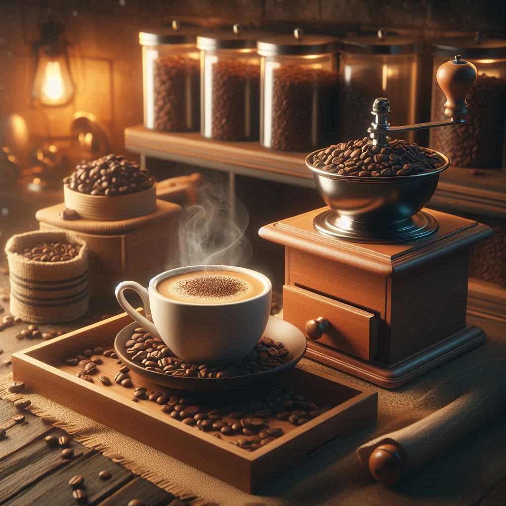 Tasse, Bohnen und Kaffeemühle repräsentieren die Tipps zur Lagerung und Zubereitung