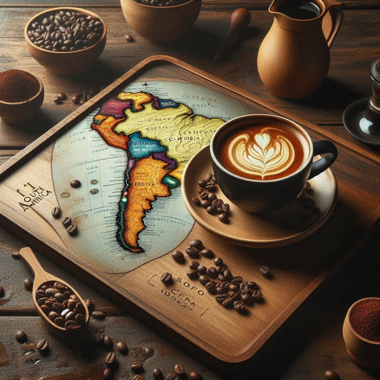 Tasse Gourmet-Kaffee aus Südamerika Kaffeebohnen Karte Südamerikas, die die Kaffeeanbaugebiete wie Kolumbien, Brasilien, Peru und Ecuador markiert