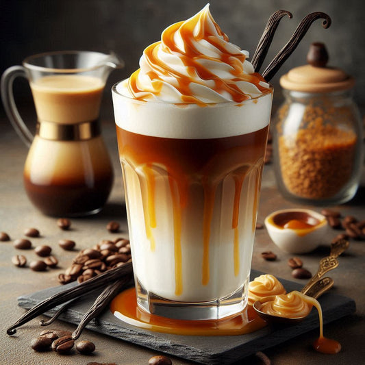 Vanille-Karamell Latte in einem hohen Glas. Der geschichtete Kaffee zeigt eine perfekte Balance aus dunklem Espresso, cremiger Milch und luftigem Milchschaum. Obenauf eine großzügige Portion Schlagsahne,