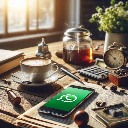 Smartphone mit WhatsApp-Nachricht ‚Guten Morgen‘ und Kaffee-Tasse im Hintergrund