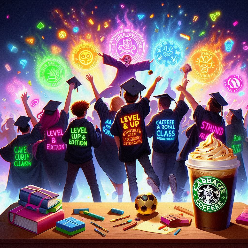 buntes Chaos voller Abi-Vibes Im Vordergrund tanzt eine Gruppe Abiturienten in T-Shirts mit leuchtenden Mottos