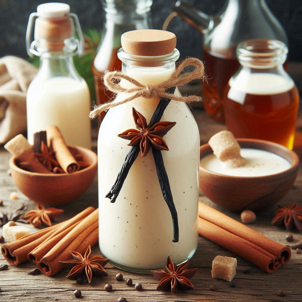 Cremiger Adventlikör in Flasche mit Vanille und Zimt