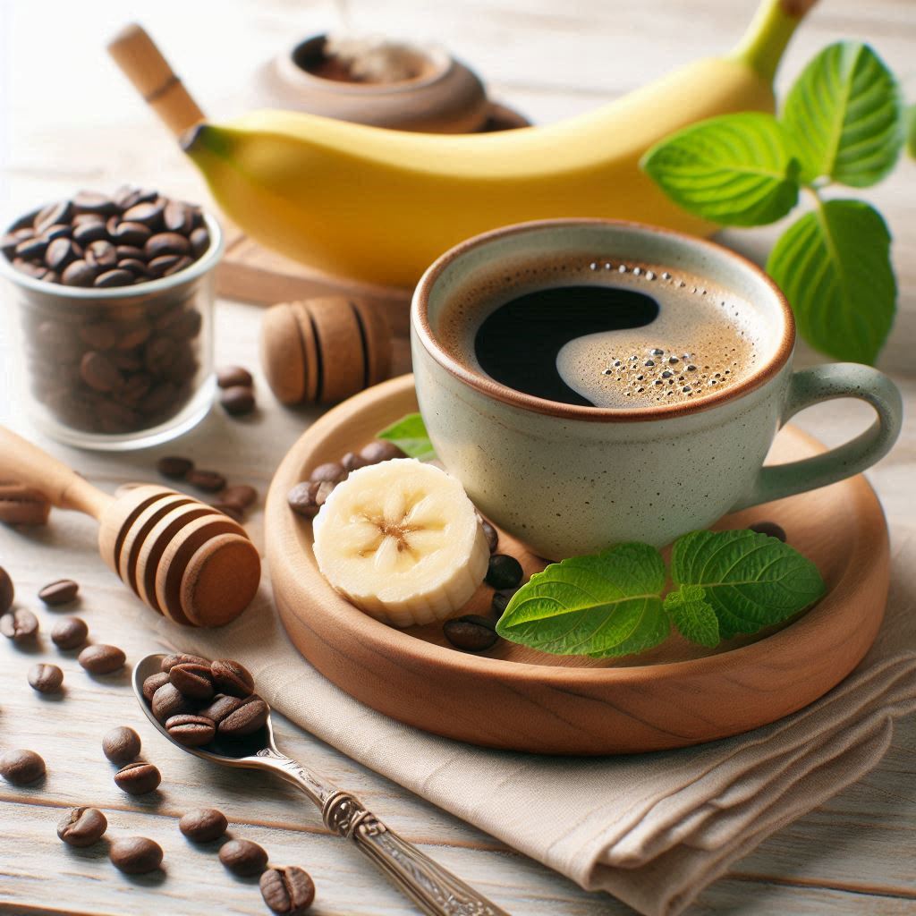 zubereitung magenfreundlicher kaffee, tasse Kaffee auf einem hellen Holztisch, eine Banane