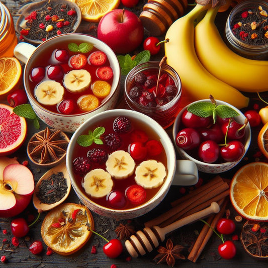 Früchtetee Kirsch Banane Ananas, Hagebutte, Apfelstücke, Bananenstücke (mit Honig), Kirschstücke, Ananasstücke