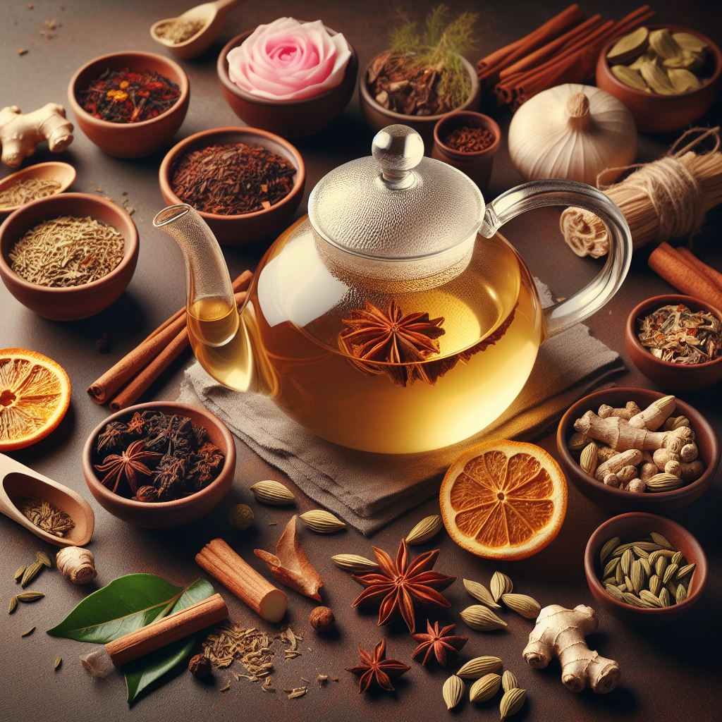 Ayurveda Pita Tee Zutaten: Ingwer, Anis, Fenchel, Süßholz, Sternanis, Kardamom, Rosenblütenblätter Teekanne, Teeglas brauner Hintergrund