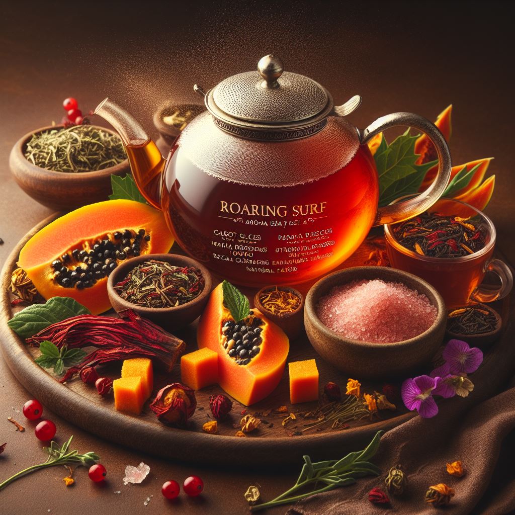 Rooibos Tee Tosende Brandung aroma rotbusch Meersalz (3%), Karottenscheiben, Papayastücke (Papaya,Zucker), Korinthen, Rote Beete, Hopfenblüten, Ringelblumenblüten, rote Johannisbeeren, Erdbeerblätter, Verbeneblätter, natürliches Aroma teekanne, Teeglas brauner Hintergrund blinkendes bild