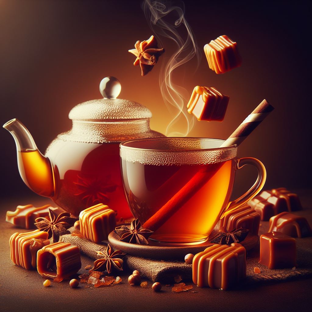 aroma rotbusch rooibos karamell kaufen kleine Karamelstückchen teekanne, Teeglas brauner Hintergrund blinkendes bild