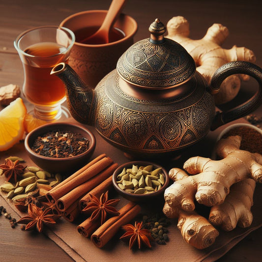 Ayurveda Vata Tee kaufen Zutaten: Ingwer, Zimt, SĂŒĂholz, Kardamom Teekanne, Teeglas brauner Hintergrund