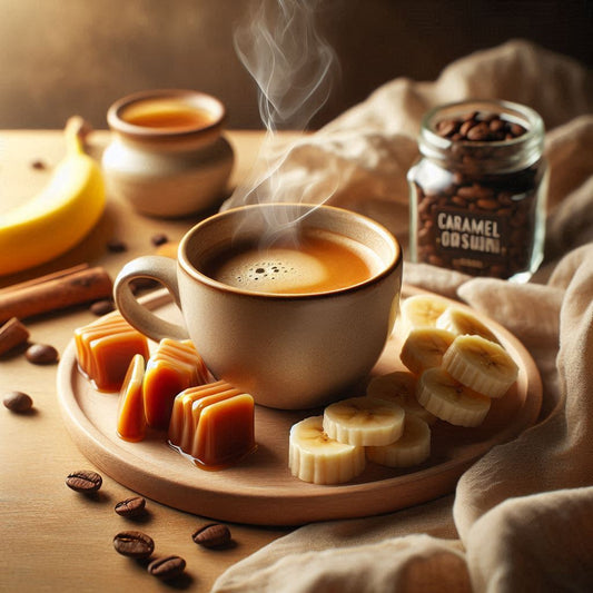 Tasse Kaffee mit Karamell- und Bananenaroma, umgeben von Karamellbonbons und frischen Bananenscheiben auf einem Holztisch