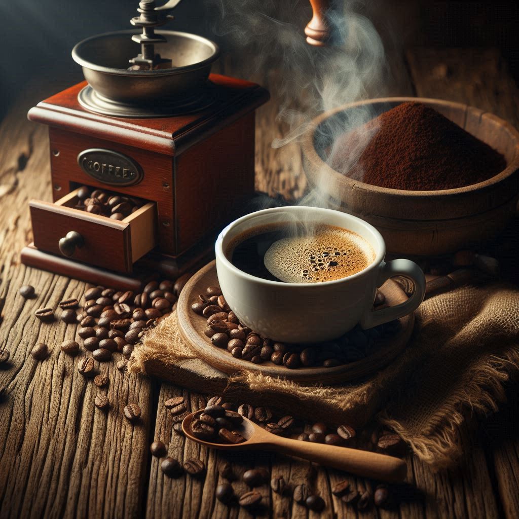 dampfende Tasse Premium Gourmet Kaffee steht auf einem rustikalen Holztisch, umgeben von frisch gemahlenen Kaffeebohnen