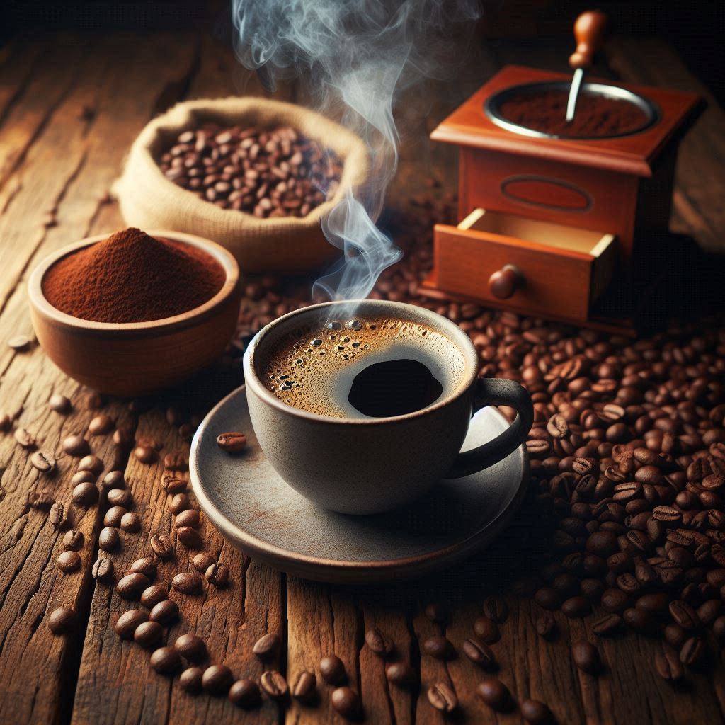 Eine dampfende Tasse Kenia Kaffee steht auf einem rustikalen Holztisch, umgeben von frisch gemahlenen Kaffeebohnen