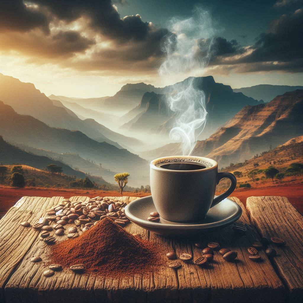 Eine dampfende Tasse Kenia Kaffee steht auf einem rustikalen Holztisch, umgeben von frisch gemahlenen Kaffeebohnen im Hintergrund der Äthiopischen Sidamo