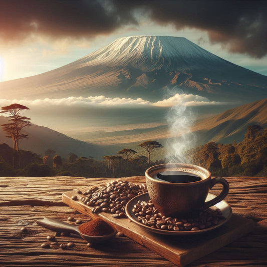 Eine dampfende Tasse Kenia Kaffee steht auf einem rustikalen Holztisch, umgeben von frisch gemahlenen Kaffeebohnen im Hintergrund der kilimandscharo