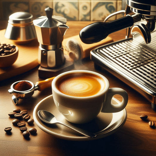 Espresso Classico in einer Tasse mit Crema, zubereitet mit Siebträger, Espressokocher und Vollautomat auf einem Holztisch – italienischer Kaffeegenuss